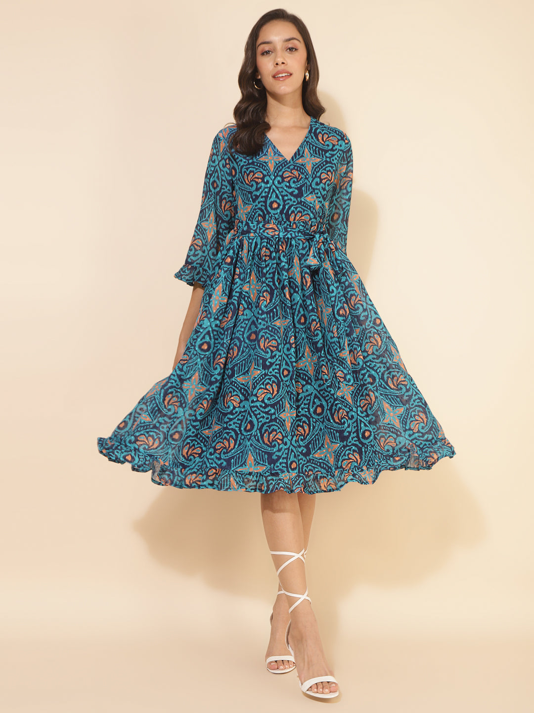Janasya Women's Blue Dobby Georgette Ikkat Printed Casual Dress | Swadesiicart