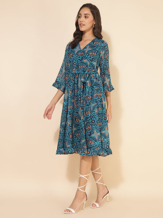 Janasya Women's Blue Dobby Georgette Ikkat Printed Casual Dress | Swadesiicart