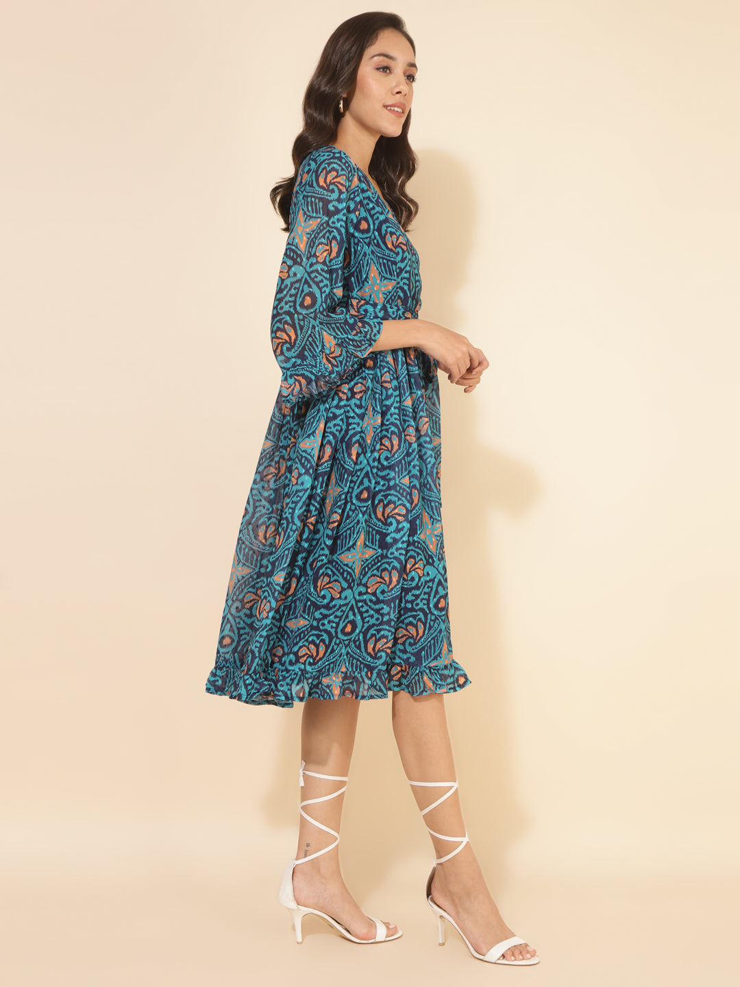 Janasya Women's Blue Dobby Georgette Ikkat Printed Casual Dress | Swadesiicart