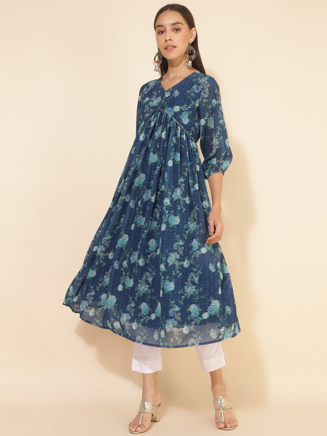 Janasya Blue Georgette Floral Printed Casual Kurta | Swadesiicart