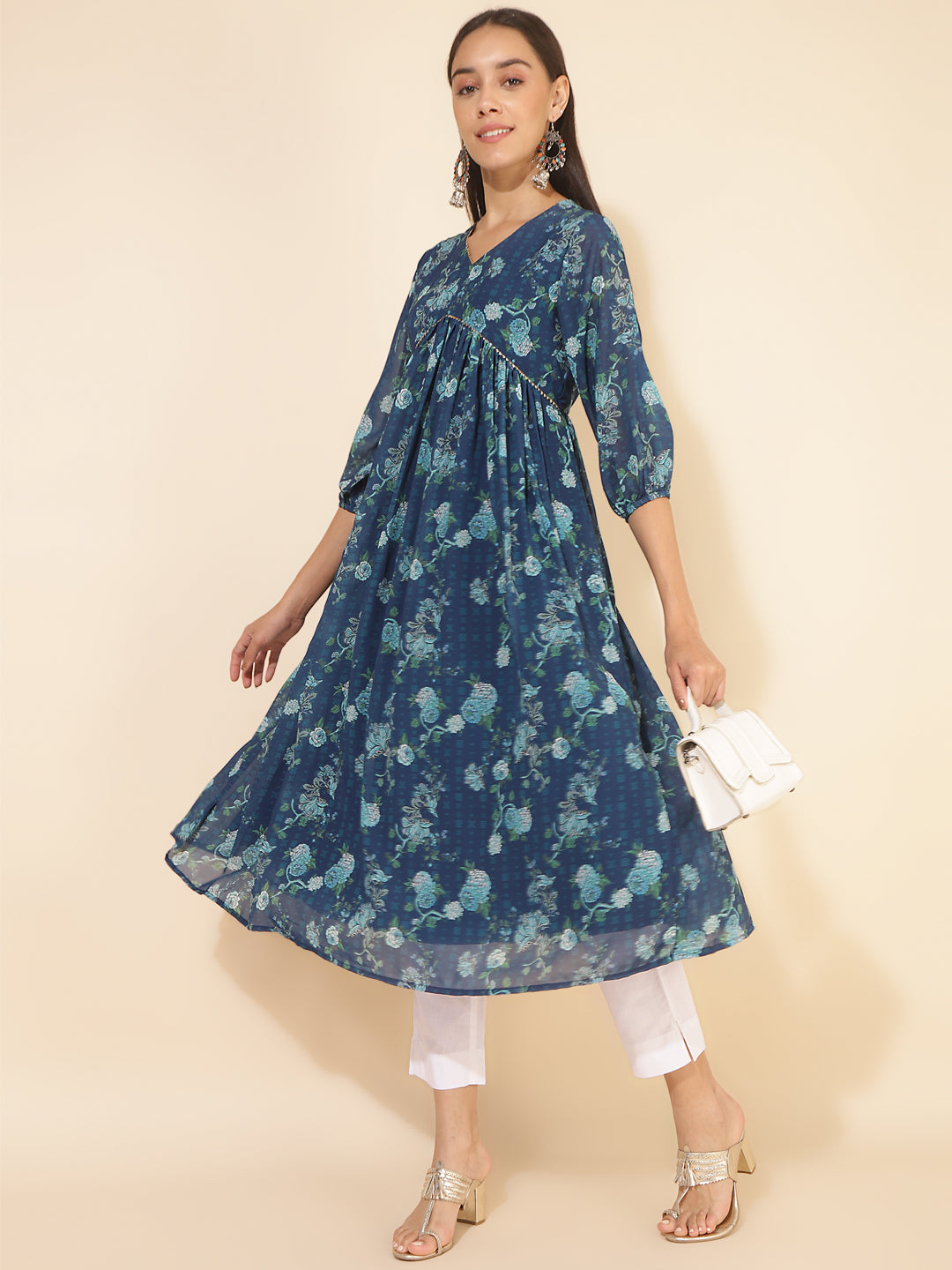 Janasya Blue Georgette Floral Printed Casual Kurta | Swadesiicart