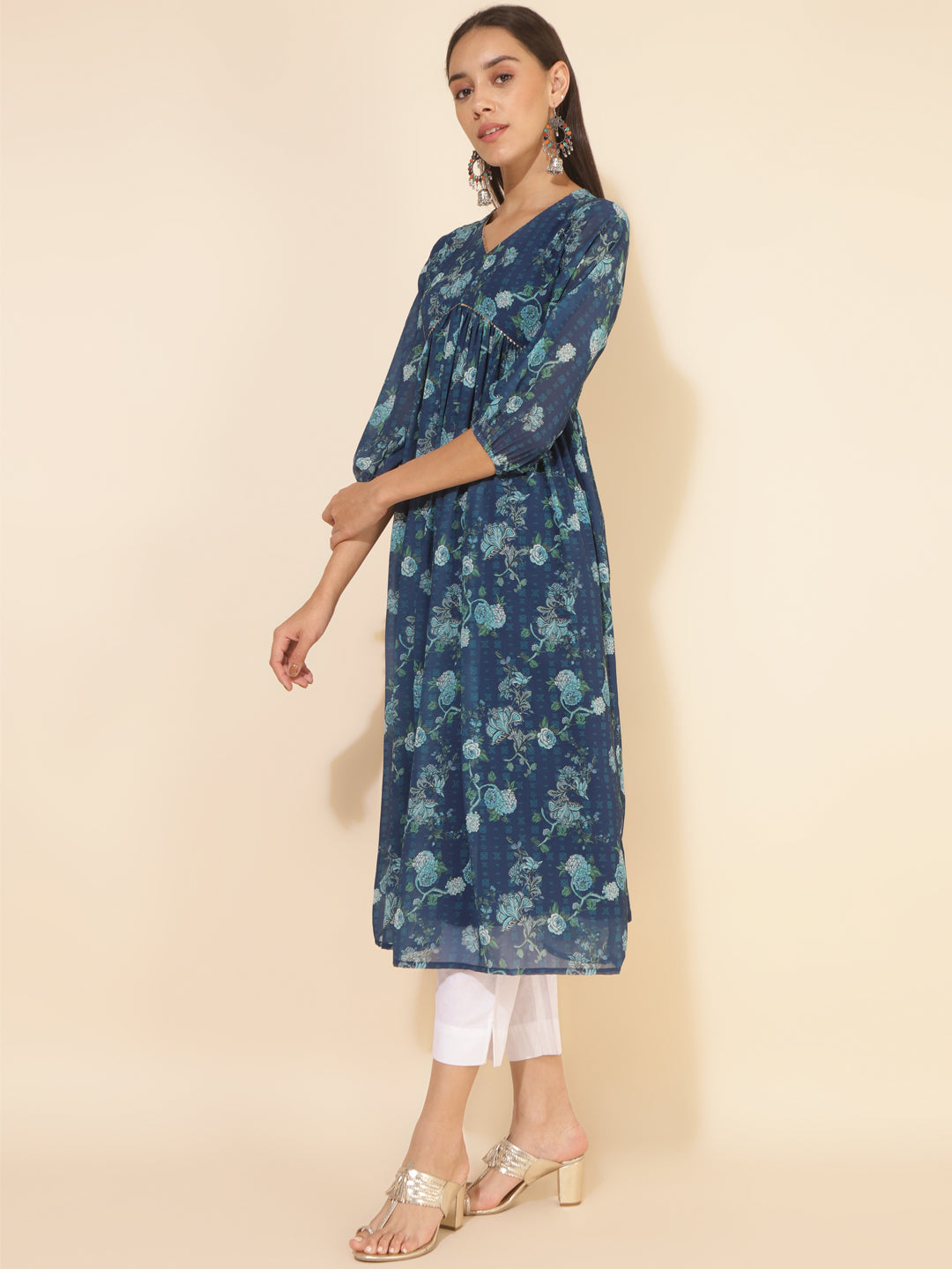 Janasya Blue Georgette Floral Printed Casual Kurta | Swadesiicart