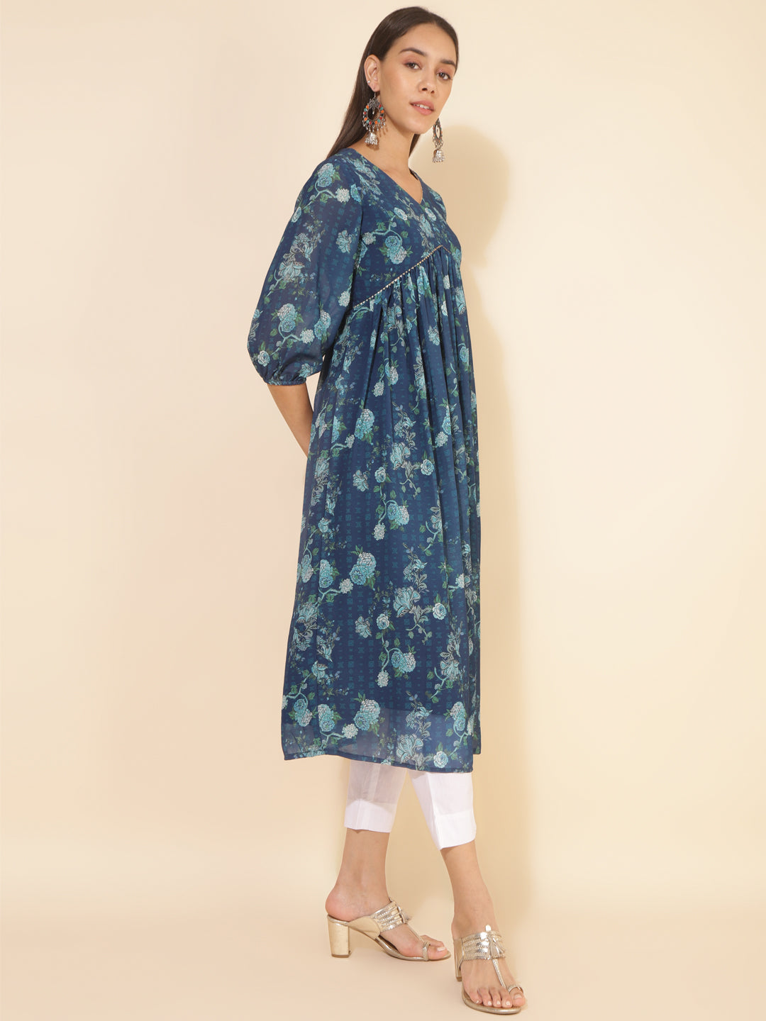 Janasya Blue Georgette Floral Printed Casual Kurta | Swadesiicart