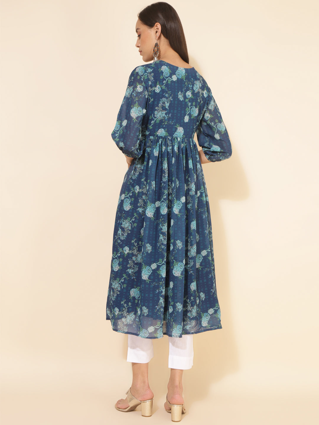 Janasya Blue Georgette Floral Printed Casual Kurta | Swadesiicart