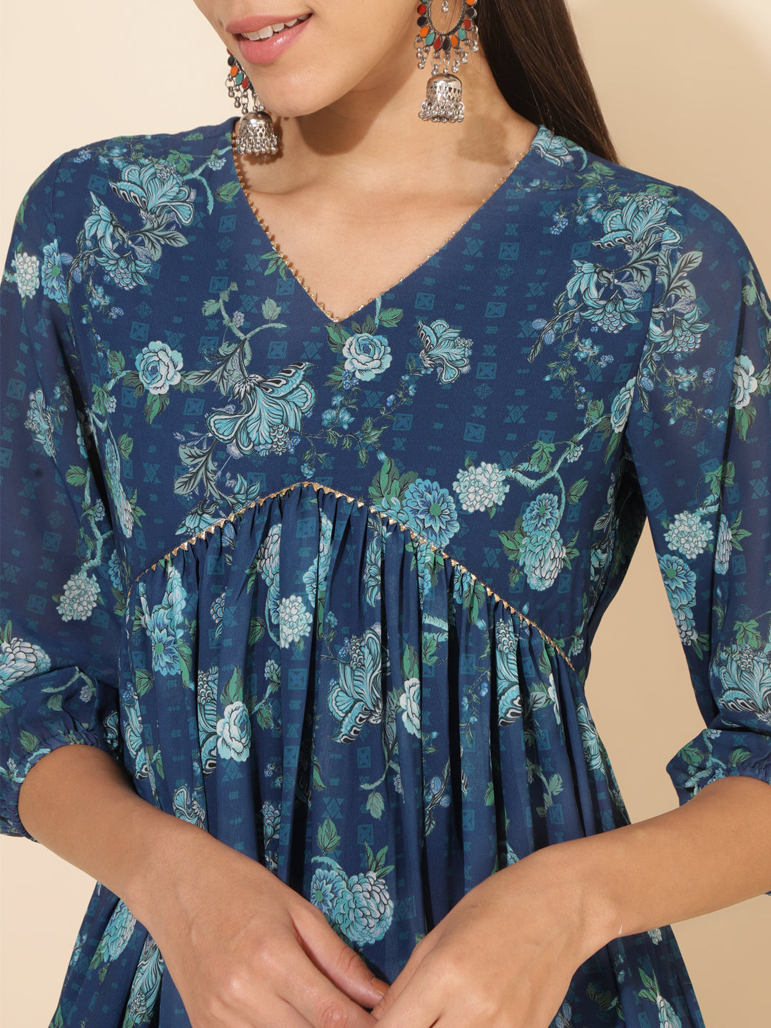 Janasya Blue Georgette Floral Printed Casual Kurta | Swadesiicart