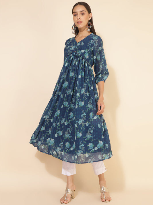 Janasya Blue Georgette Floral Printed Casual Kurta | Swadesiicart