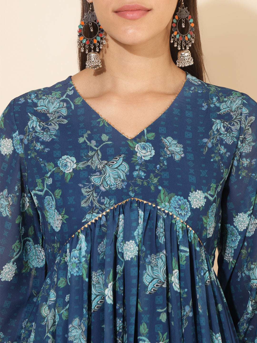 Janasya Blue Georgette Floral Printed Casual Kurta | Swadesiicart