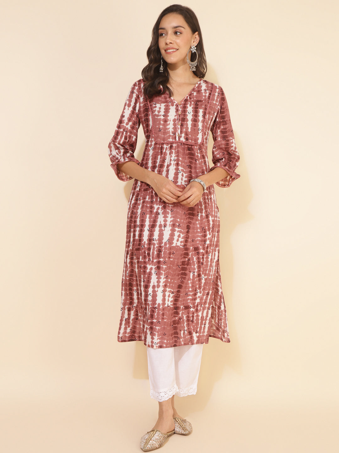 Janasya Light Brown Cotton Tie-dye Printed Casual Kurta | Swadesiicart