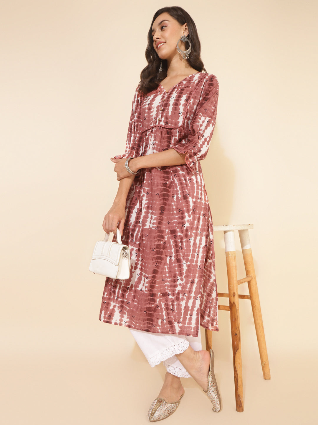 Janasya Light Brown Cotton Tie-dye Printed Casual Kurta | Swadesiicart