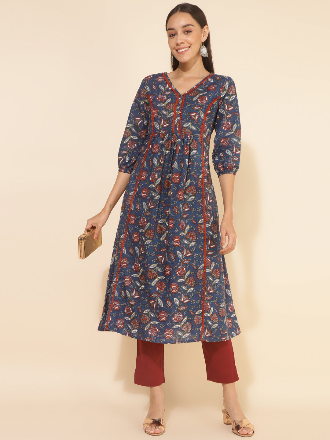 Janasya Blue Cotton Floral Printed Casual Kurta | Swadesiicart