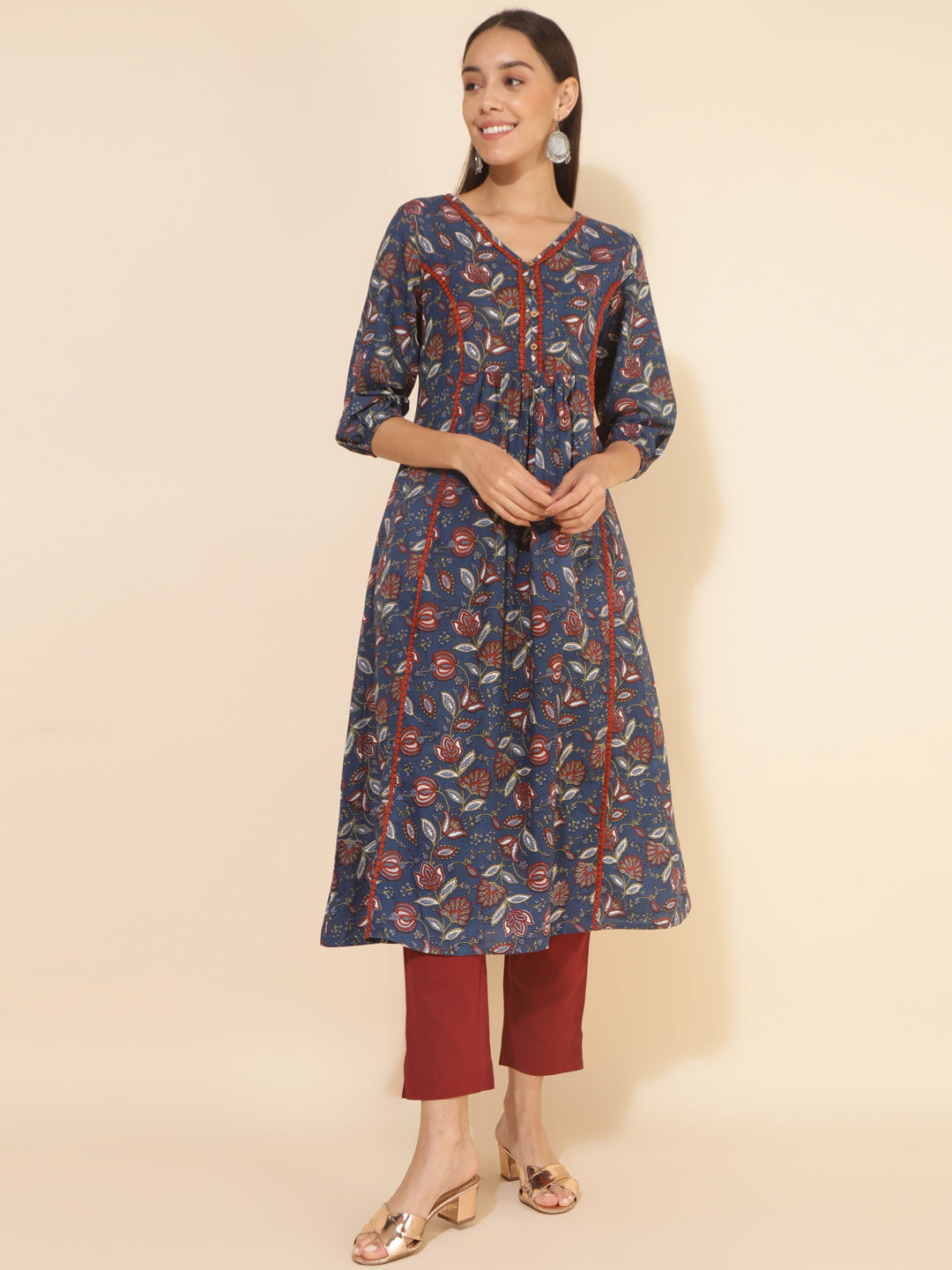 Janasya Blue Cotton Floral Printed Casual Kurta | Swadesiicart