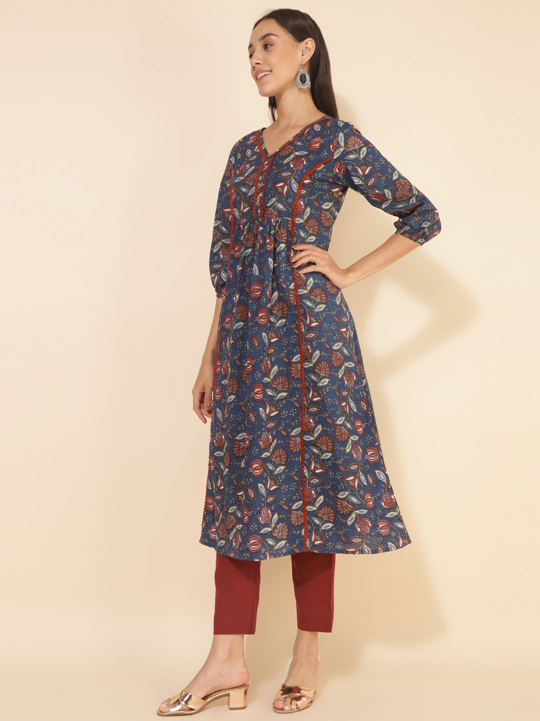 Janasya Blue Cotton Floral Printed Casual Kurta | Swadesiicart