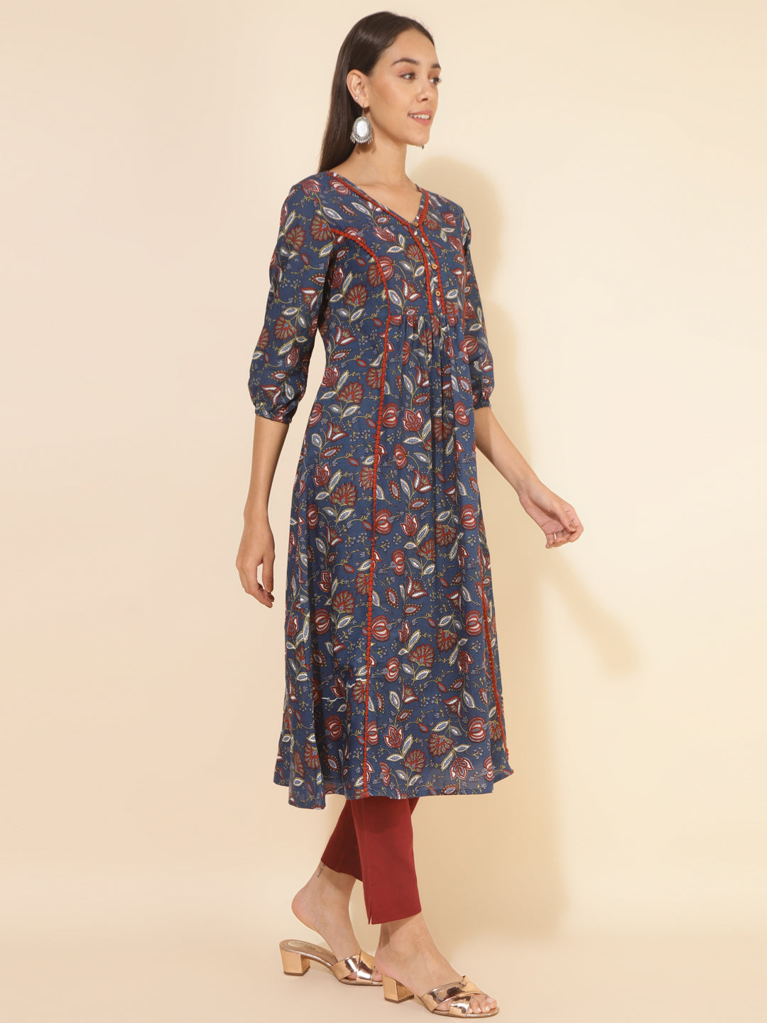 Janasya Blue Cotton Floral Printed Casual Kurta | Swadesiicart