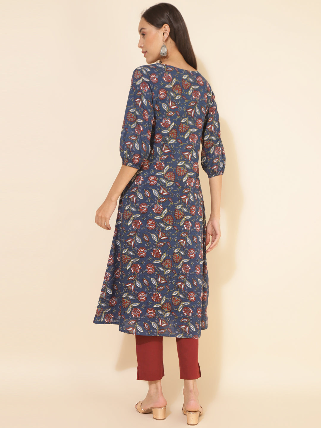 Janasya Blue Cotton Floral Printed Casual Kurta | Swadesiicart