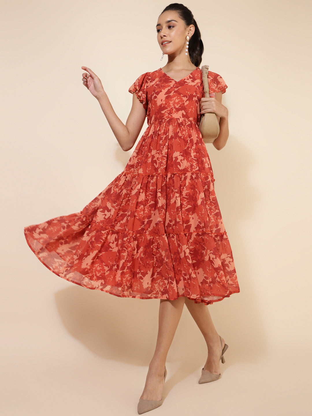 Janasya Rust Georgette Abstract Printed Tiered Casual Dress | Swadesiicart