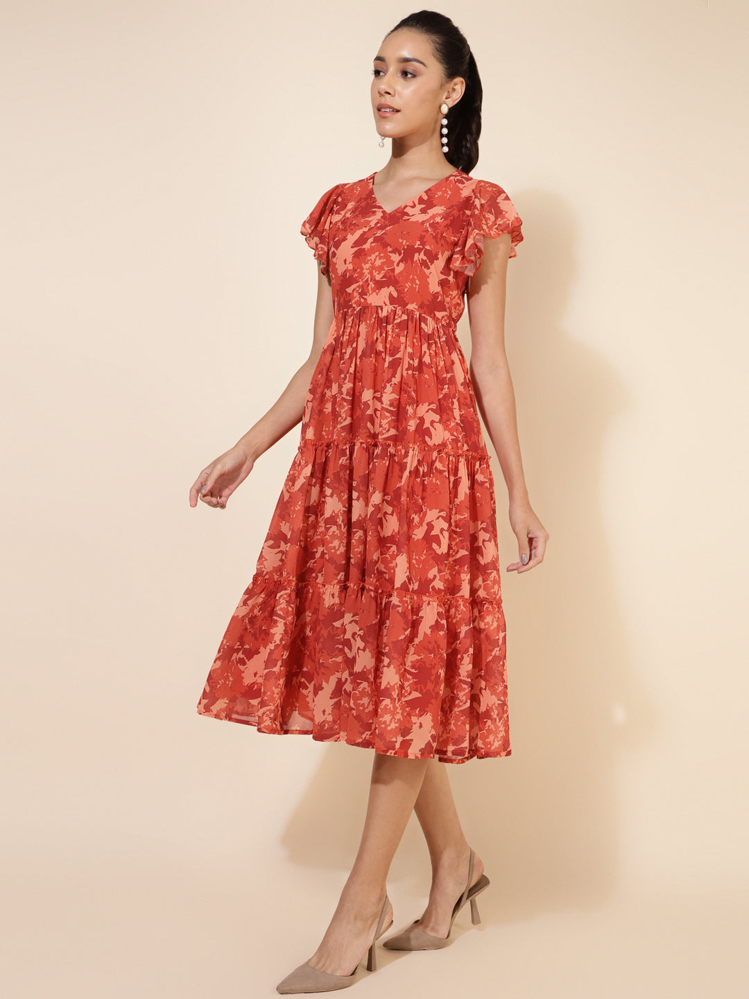 Janasya Rust Georgette Abstract Printed Tiered Casual Dress | Swadesiicart