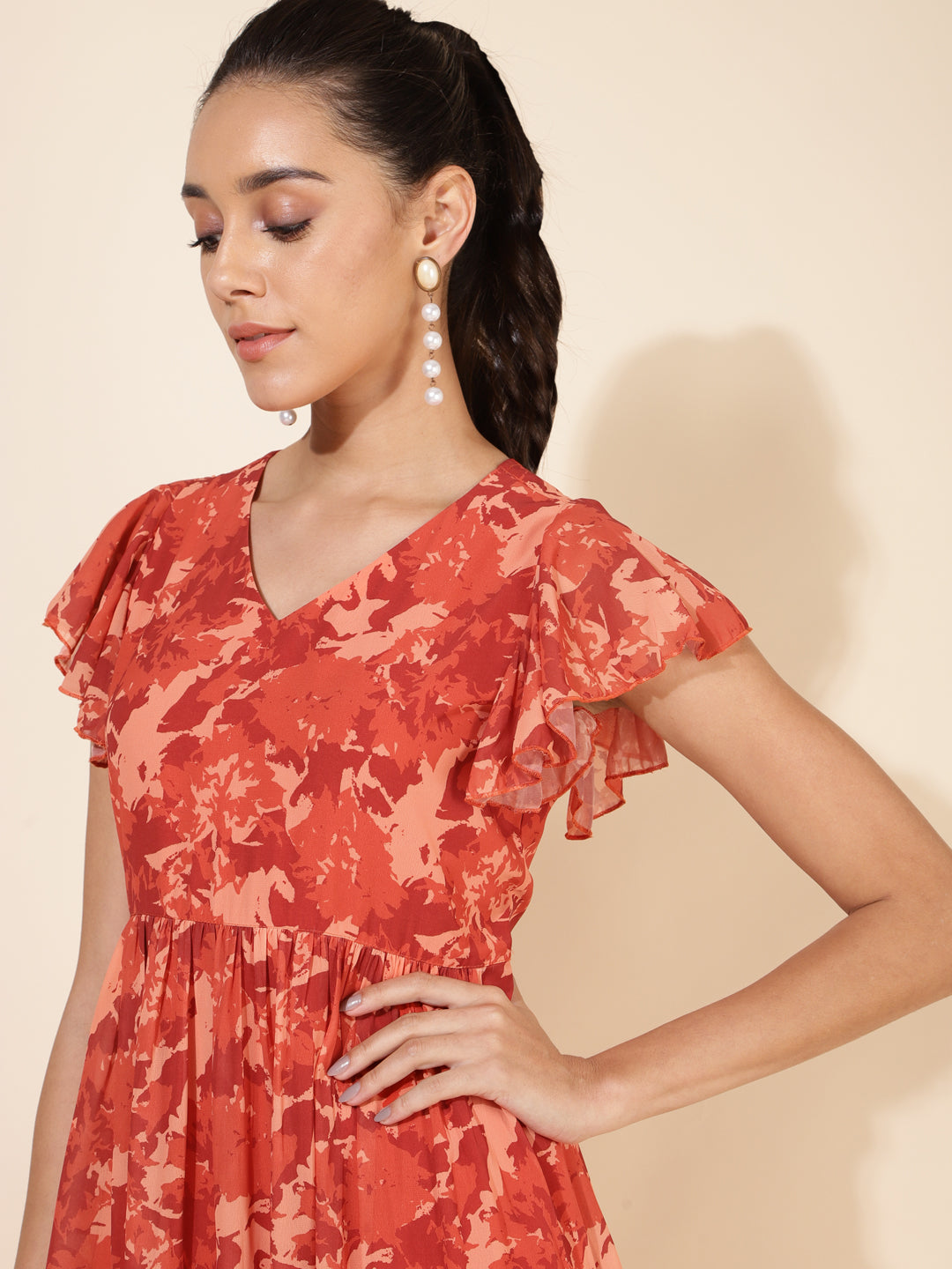 Janasya Rust Georgette Abstract Printed Tiered Casual Dress | Swadesiicart