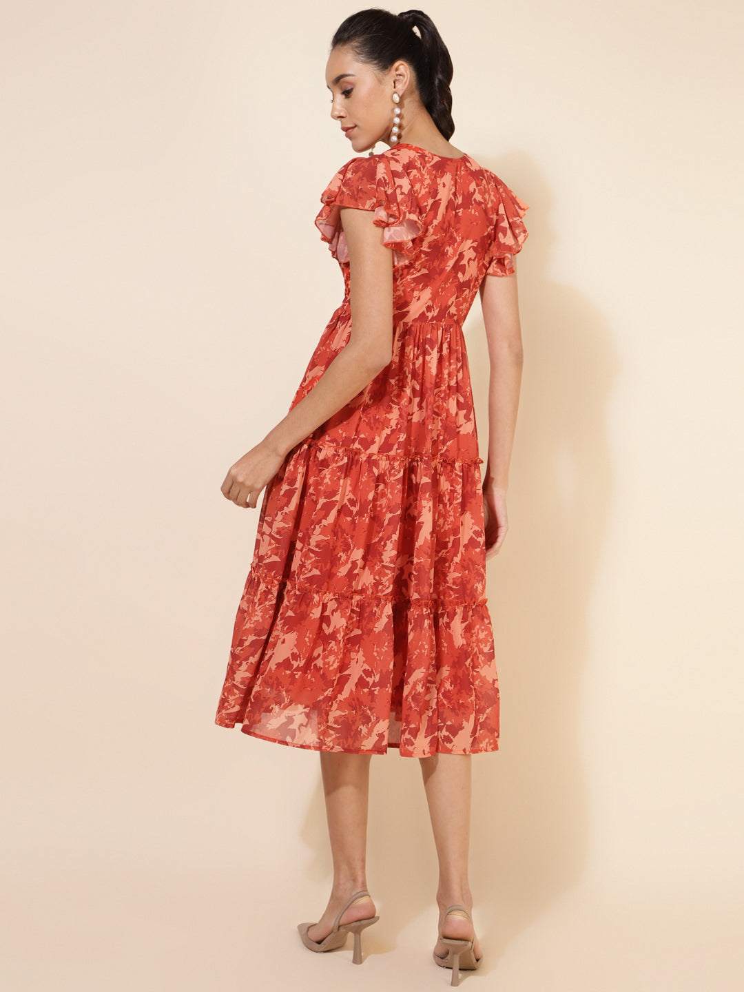 Janasya Rust Georgette Abstract Printed Tiered Casual Dress | Swadesiicart