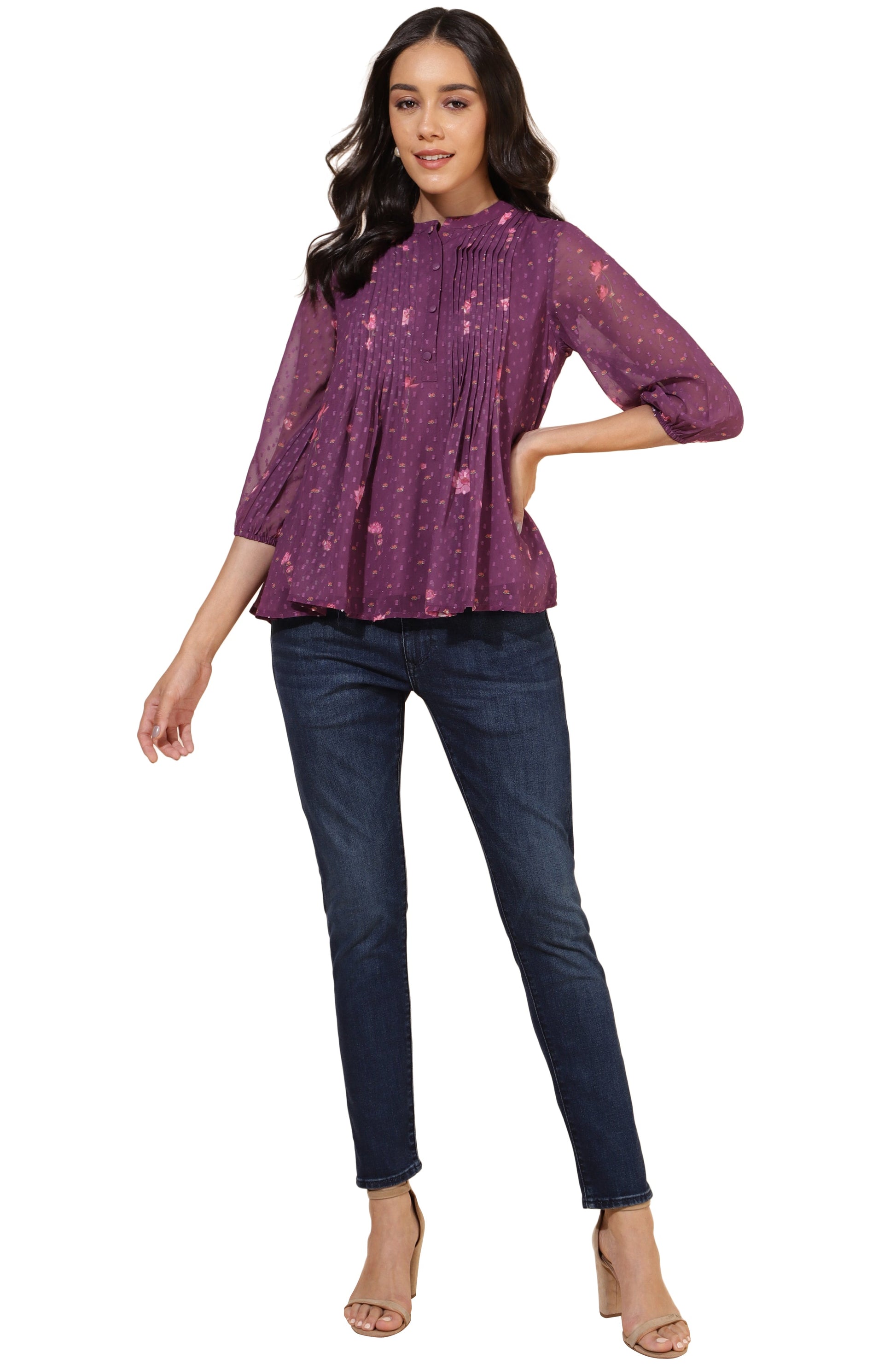 Janasya Purple Dobby Georgette Floral Print Casual A-Line Top | Swadesiicart