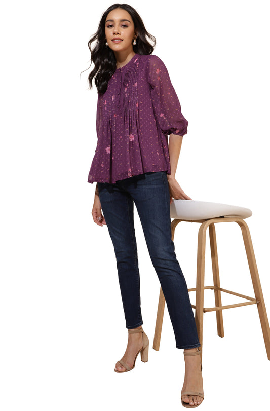 Janasya Purple Dobby Georgette Floral Print Casual A-Line Top | Swadesiicart