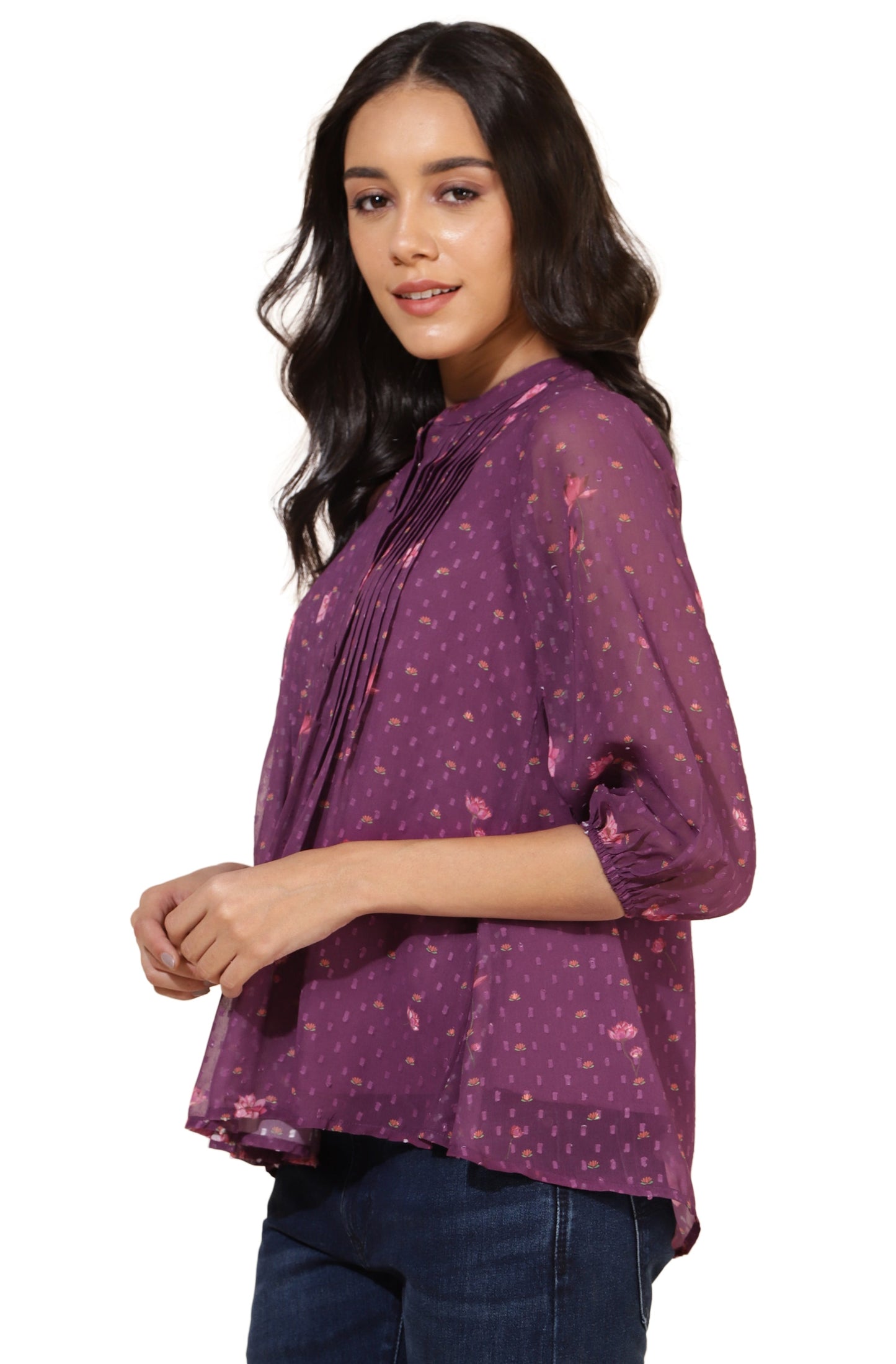 Janasya Purple Dobby Georgette Floral Print Casual A-Line Top | Swadesiicart