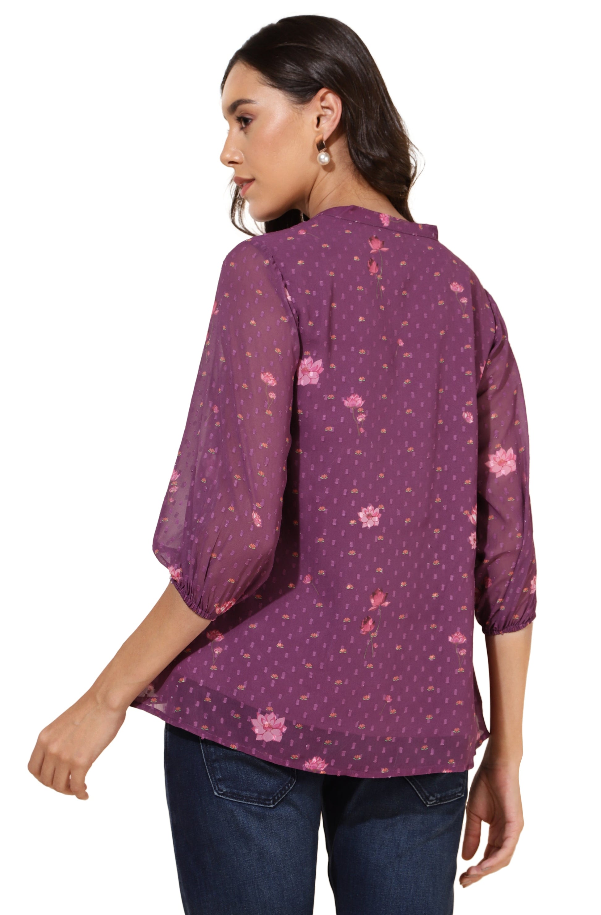 Janasya Purple Dobby Georgette Floral Print Casual A-Line Top | Swadesiicart