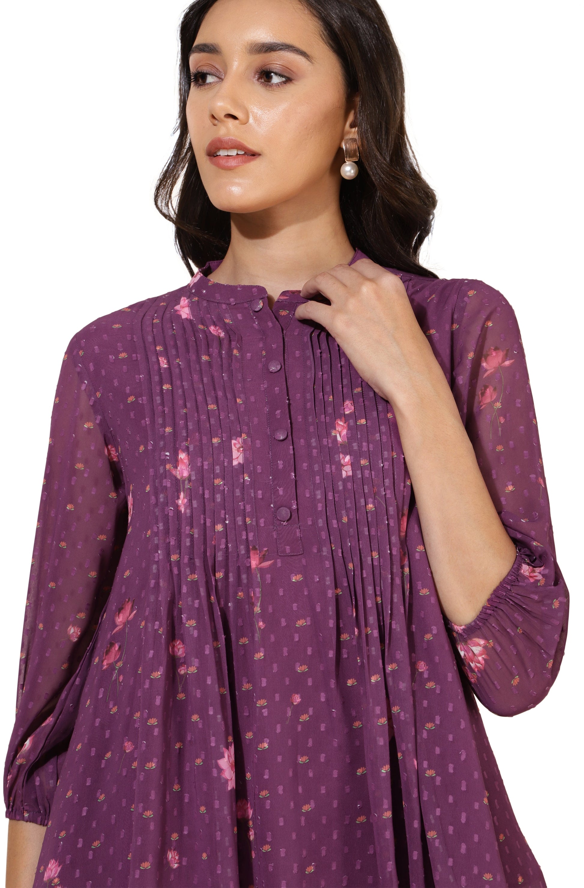 Janasya Purple Dobby Georgette Floral Print Casual A-Line Top | Swadesiicart