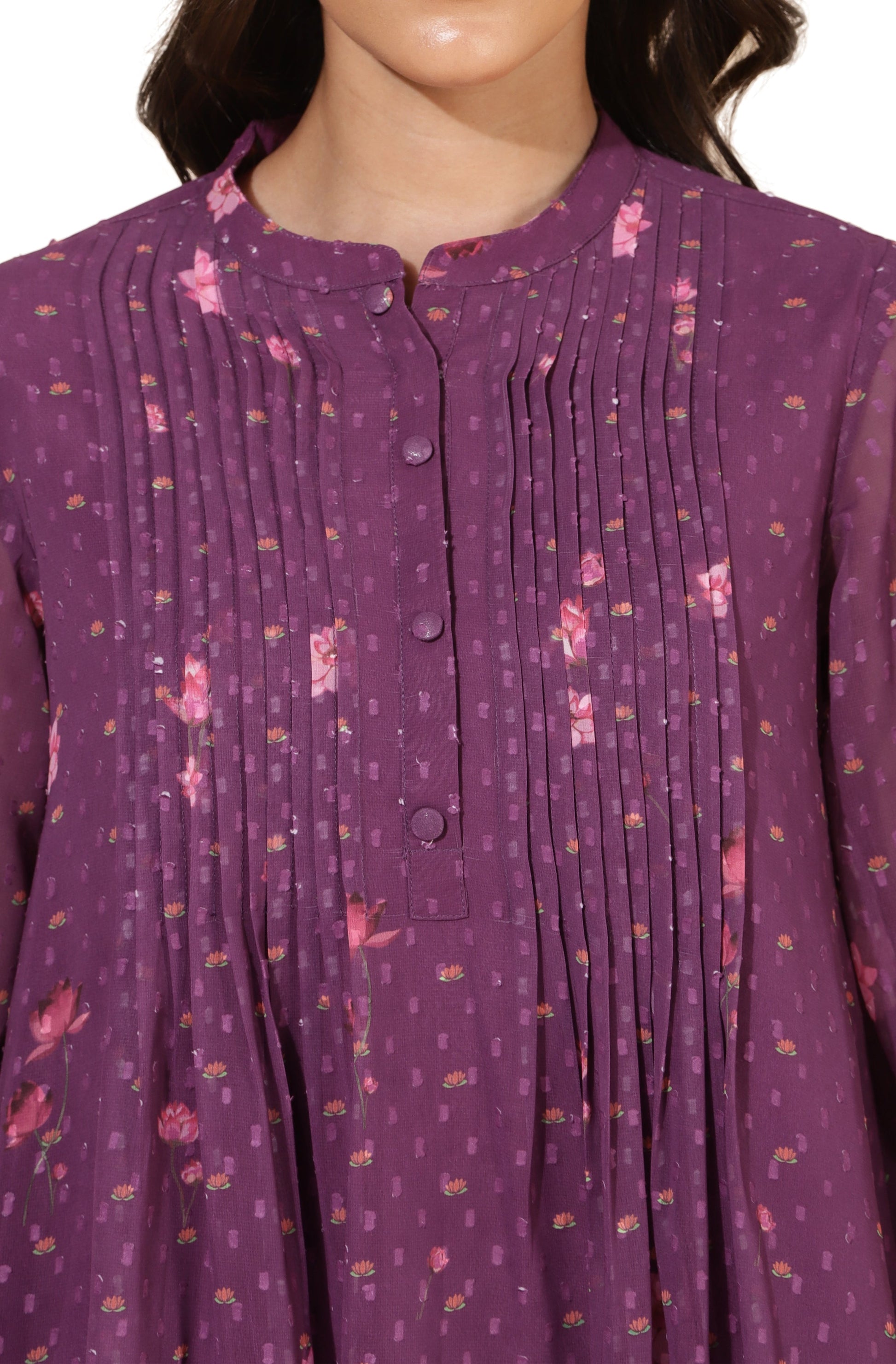 Janasya Purple Dobby Georgette Floral Print Casual A-Line Top | Swadesiicart