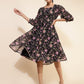 Janasya Women's Black Georgette Floral Printed Casual Dress | Swadesiicart