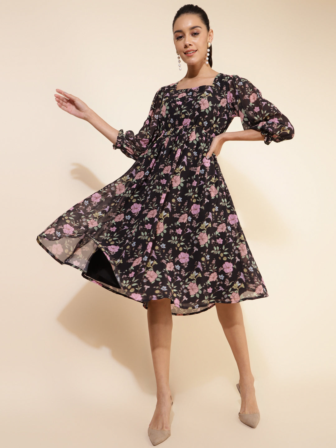 Janasya Women's Black Georgette Floral Printed Casual Dress | Swadesiicart
