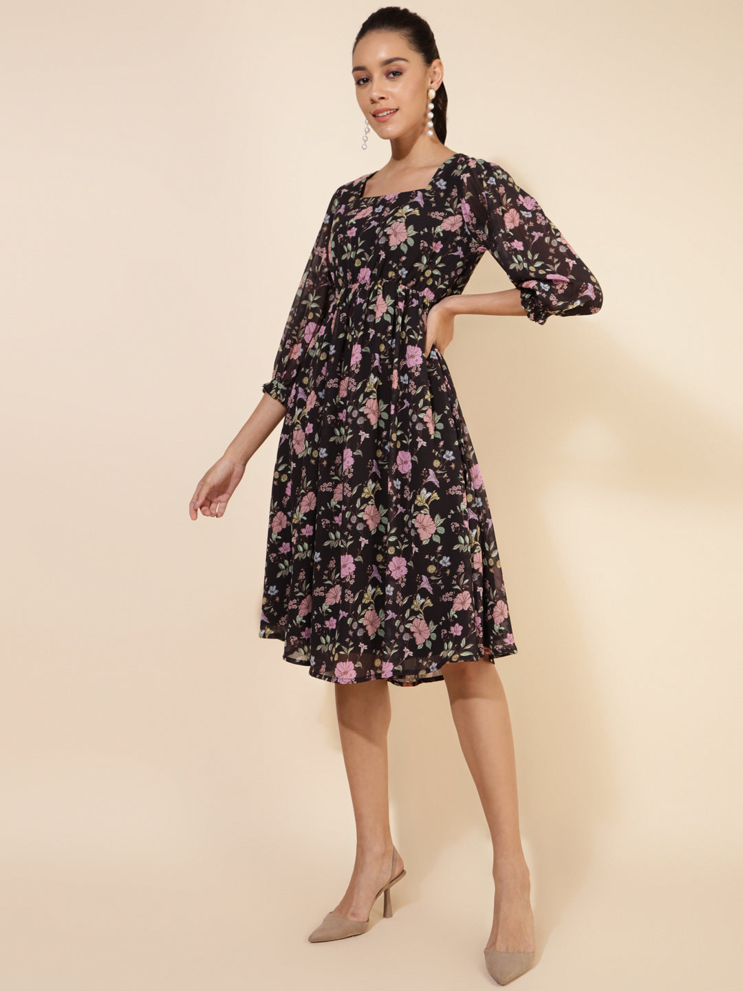 Janasya Women's Black Georgette Floral Printed Casual Dress | Swadesiicart