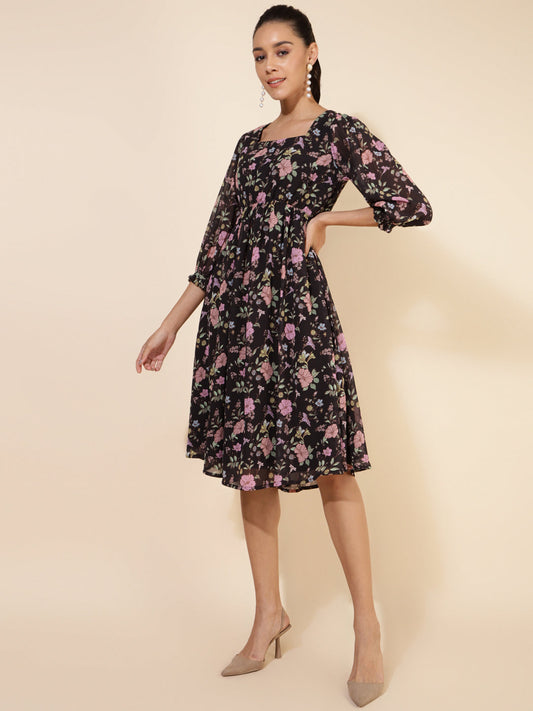 Janasya Women's Black Georgette Floral Printed Casual Dress | Swadesiicart