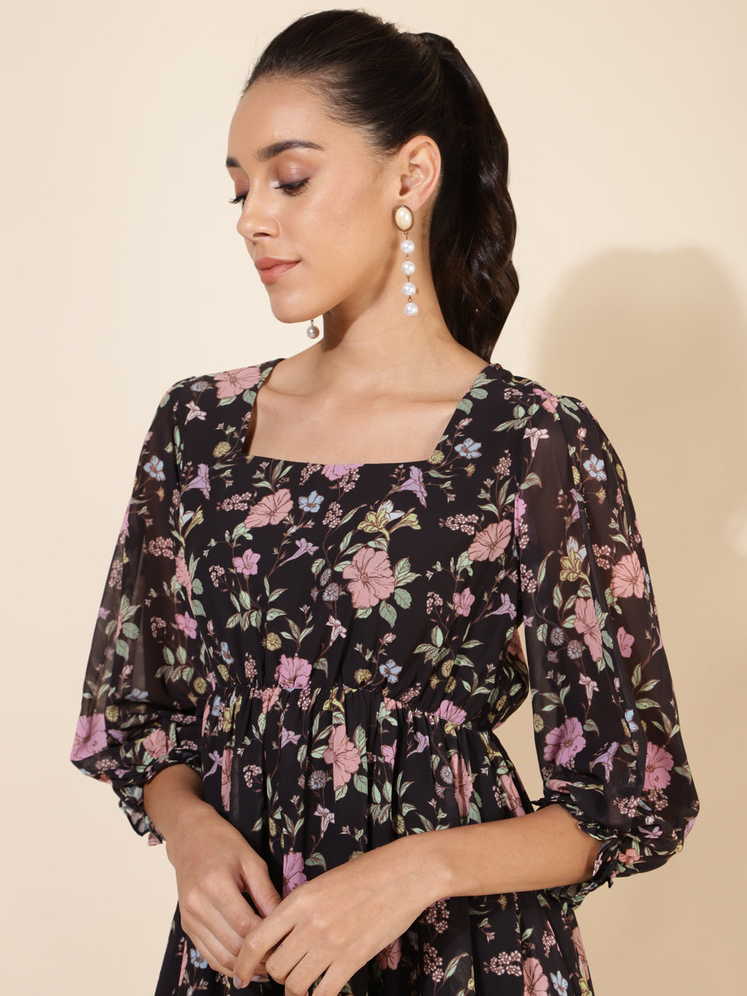 Janasya Women's Black Georgette Floral Printed Casual Dress | Swadesiicart