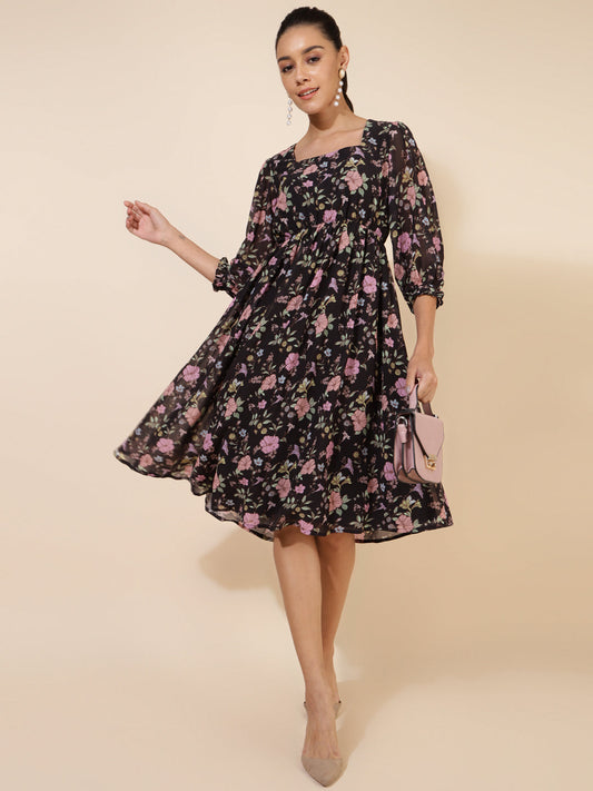 Janasya Women's Black Georgette Floral Printed Casual Dress | Swadesiicart