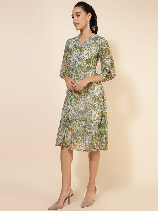 Janasya Olive Georgette Floral Printed A-Line Casual Dress | Swadesiicart