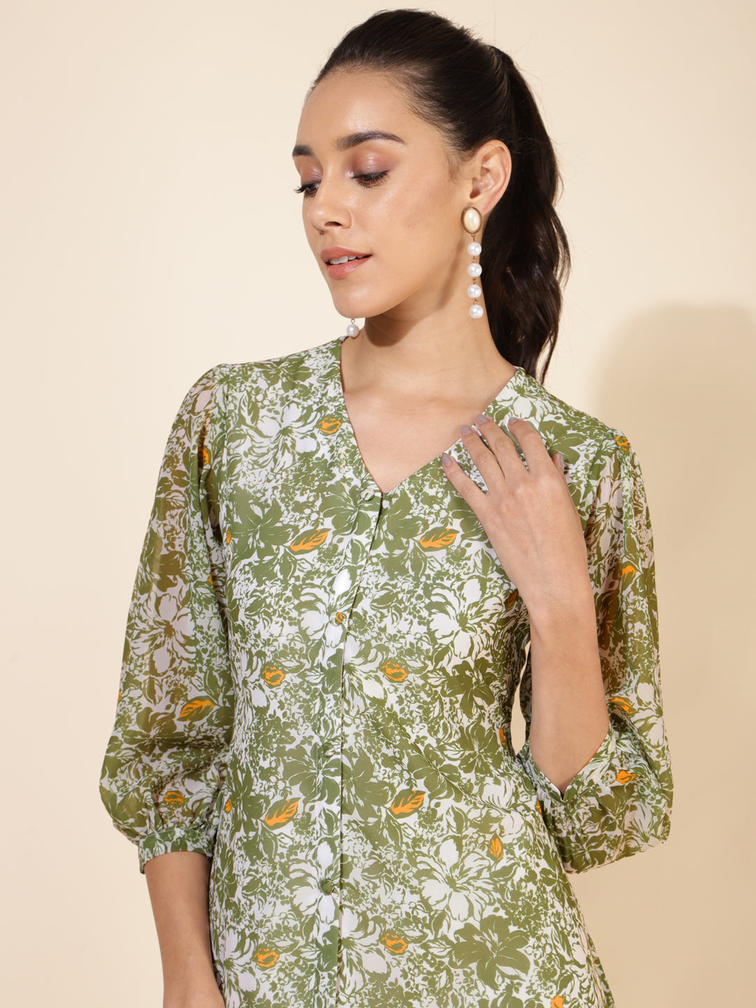 Janasya Olive Georgette Floral Printed A-Line Casual Dress | Swadesiicart