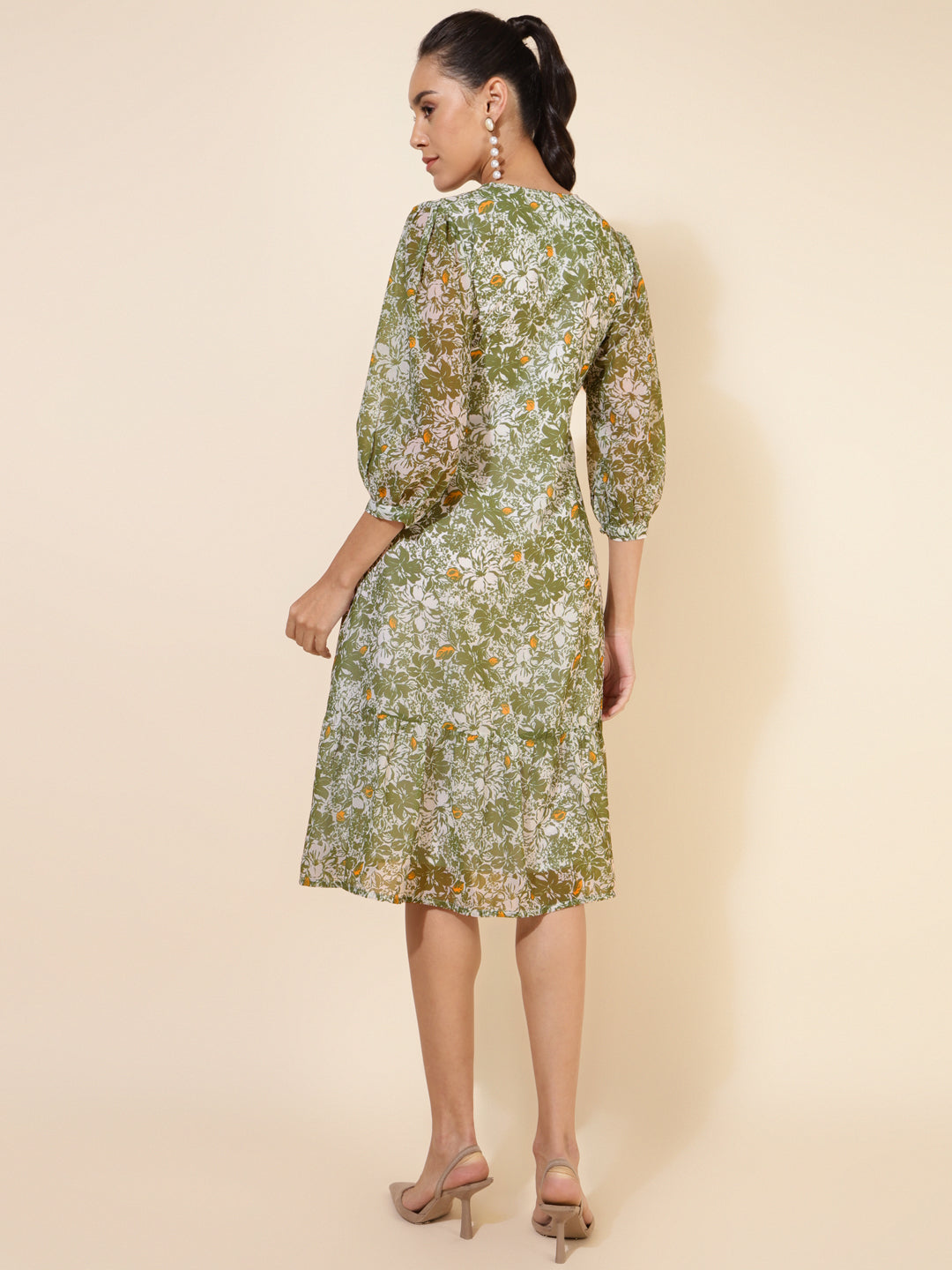 Janasya Olive Georgette Floral Printed A-Line Casual Dress | Swadesiicart