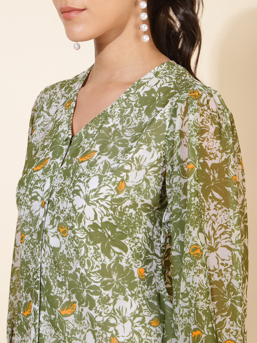 Janasya Olive Georgette Floral Printed A-Line Casual Dress | Swadesiicart