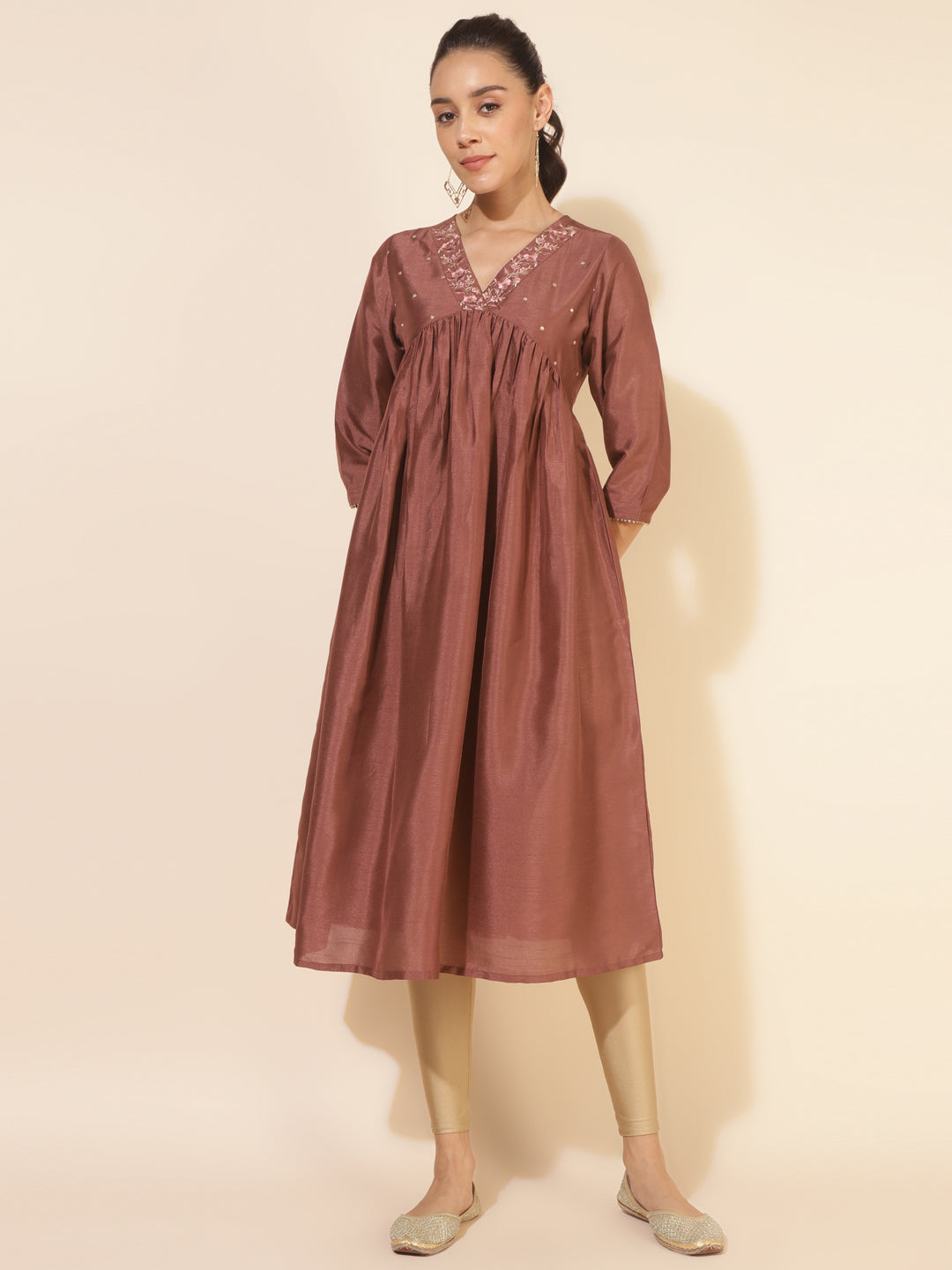 Janasya Brown Crepe Silk Embellished Empire Kurta - Swadesiicart