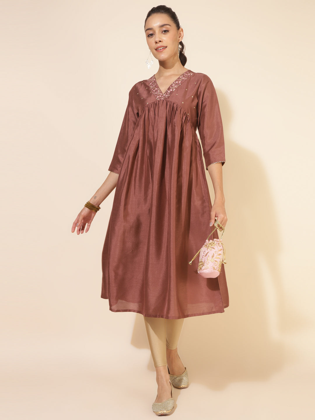Janasya Brown Crepe Silk Embellished Empire Kurta - Swadesiicart
