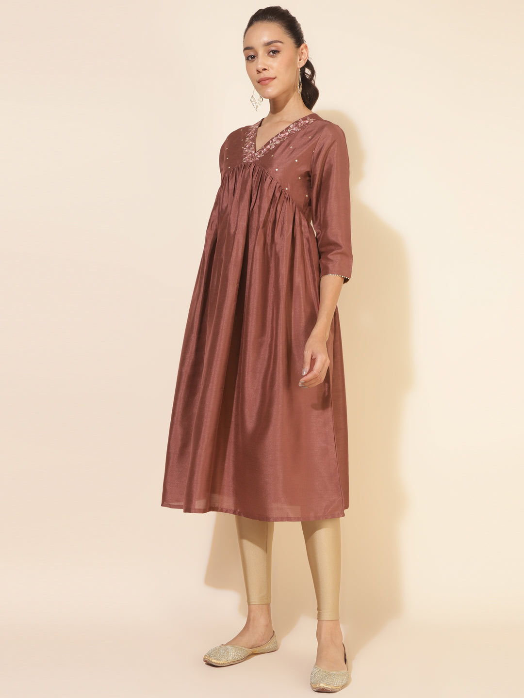 Janasya Brown Crepe Silk Embellished Empire Kurta - Swadesiicart