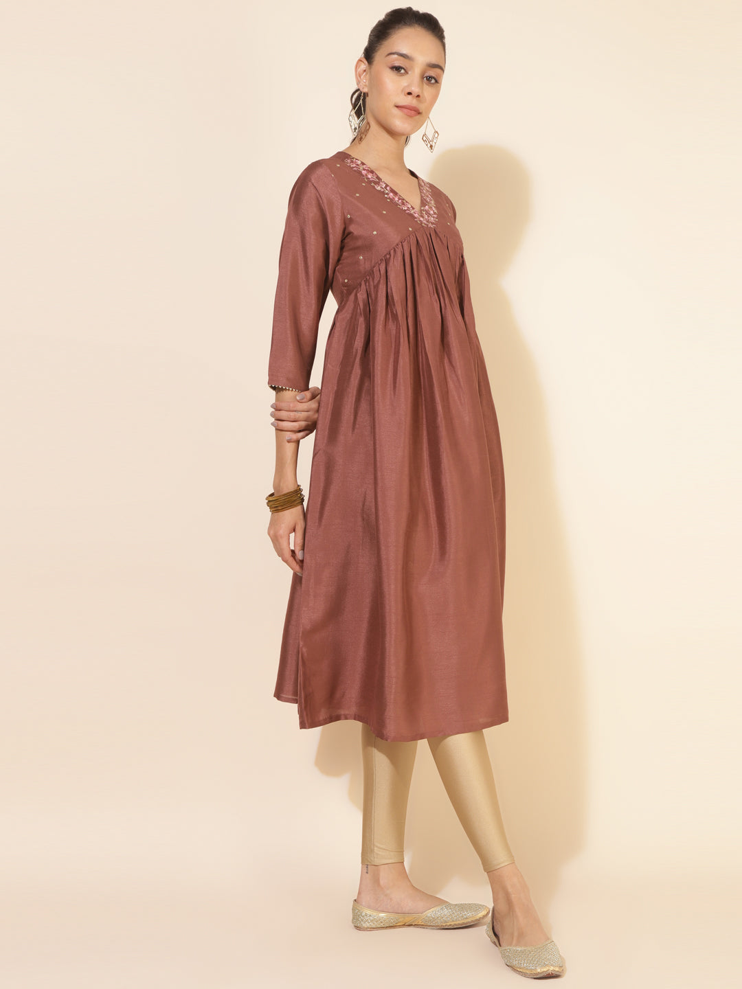 Janasya Brown Crepe Silk Embellished Empire Kurta - Swadesiicart