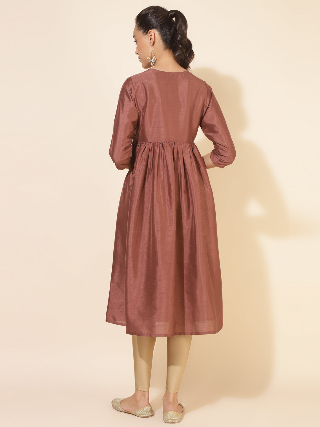 Janasya Brown Crepe Silk Embellished Empire Kurta - Swadesiicart