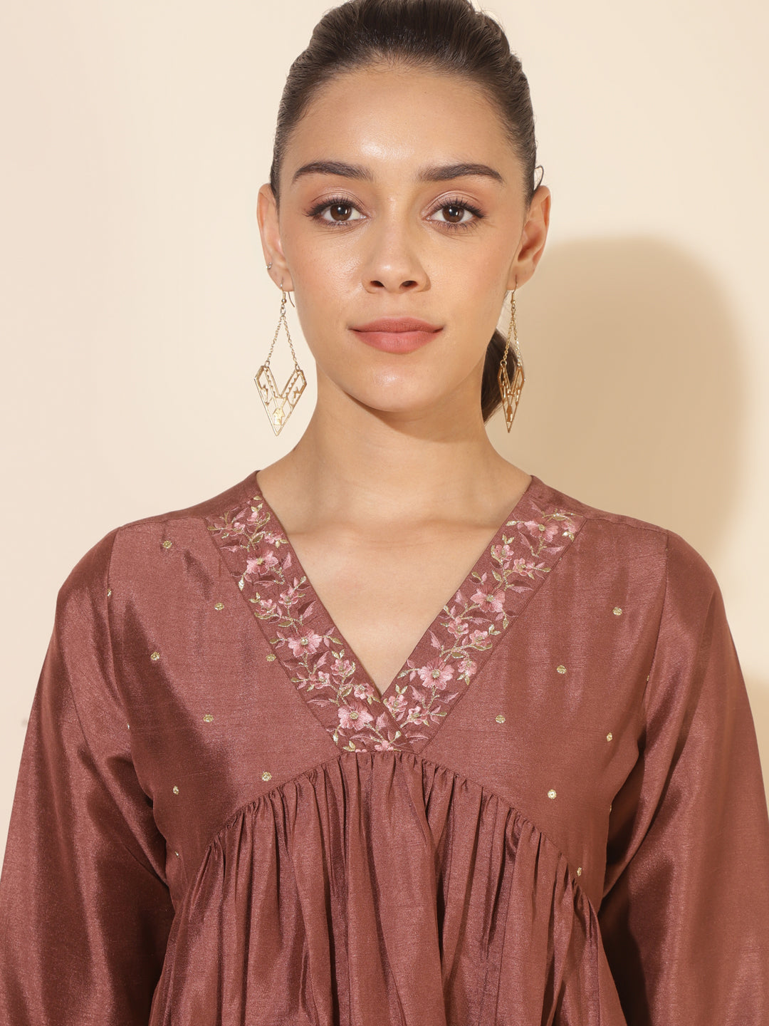 Janasya Brown Crepe Silk Embellished Empire Kurta - Swadesiicart
