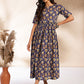 Janasya Dark Blue Cotton Floral Printed Gathered Dress | Swadesiicart