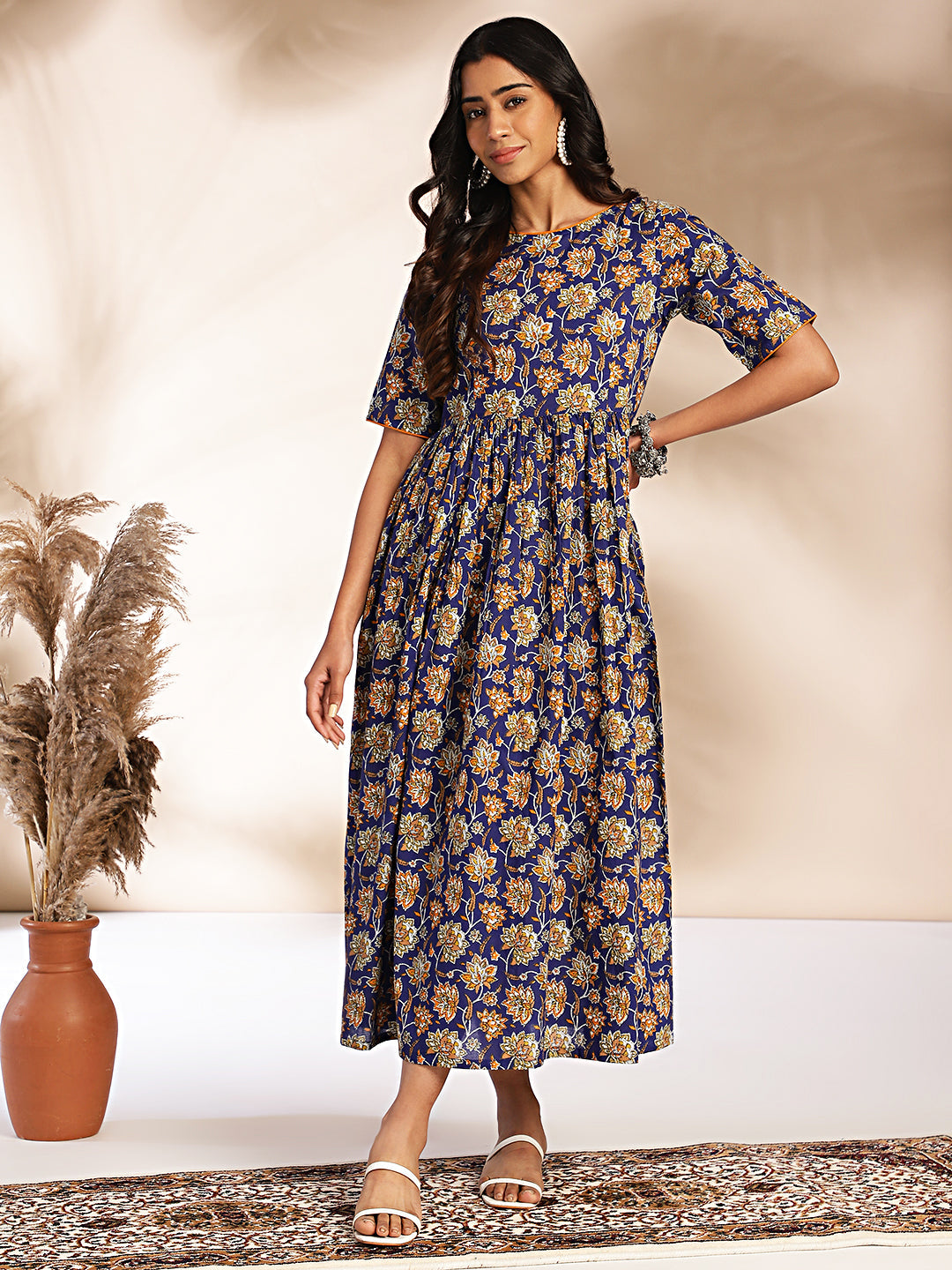 Janasya Dark Blue Cotton Floral Printed Gathered Dress | Swadesiicart