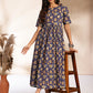 Janasya Dark Blue Cotton Floral Printed Gathered Dress | Swadesiicart