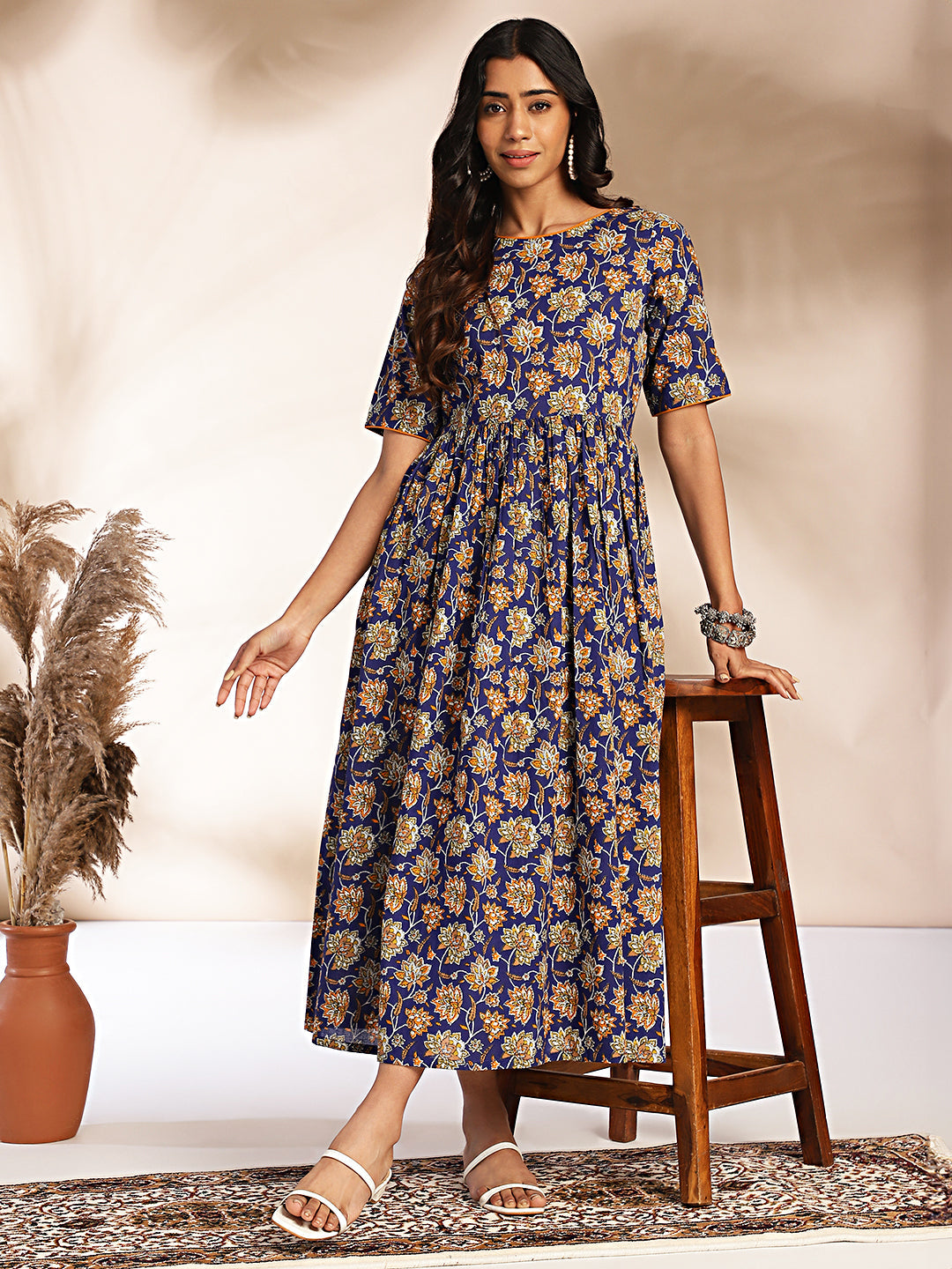 Janasya Dark Blue Cotton Floral Printed Gathered Dress | Swadesiicart