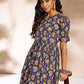 Janasya Dark Blue Cotton Floral Printed Gathered Dress | Swadesiicart