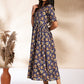 Janasya Dark Blue Cotton Floral Printed Gathered Dress | Swadesiicart